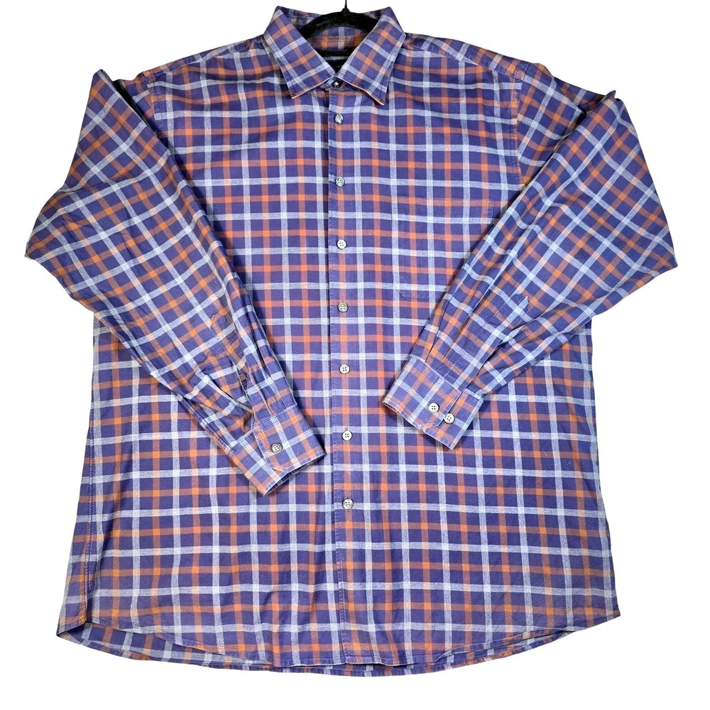 SCOTT‎ BARBER Mens XL Blue Orange Plaid Shirt  Cotton Button Down L/S XL